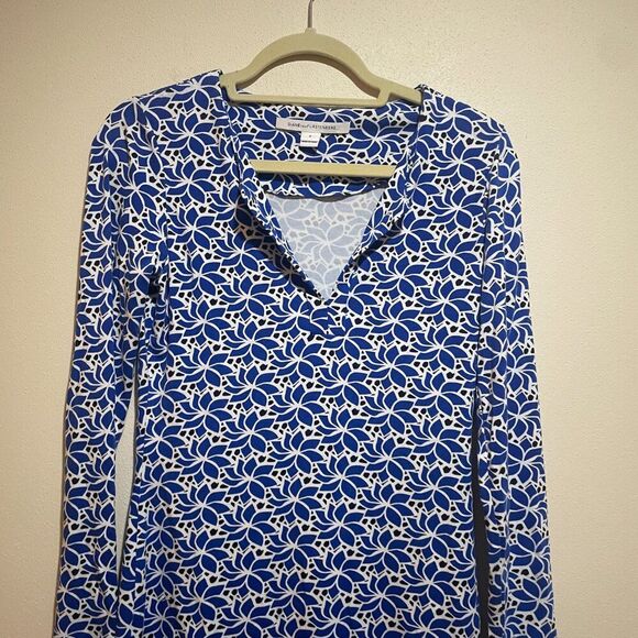 Diane Von Furstenburg Size 0 Reina L/S Long Sleeve Jersey Mini Dress Blue Floral - Picture 3 of 12